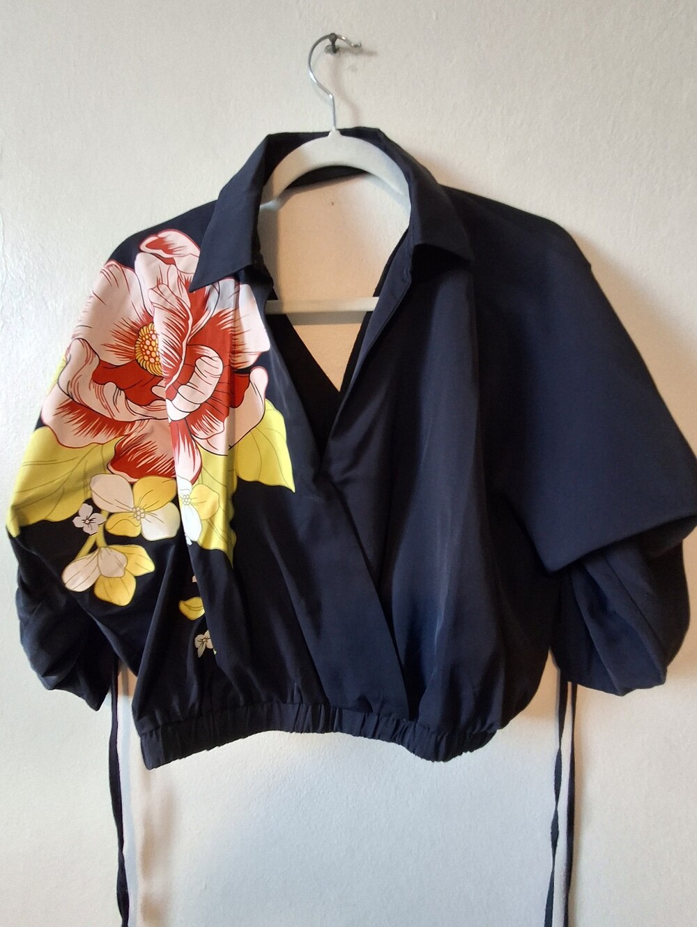 Women’s Floral-Accent Black Wrap Crop Top